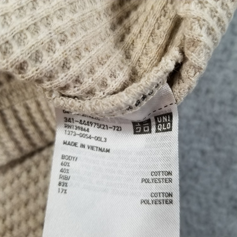 Uniqlo Waffle Knit Shirt Men M Medium Beige Thermal Long Sleeve Crew Neck Casual - Picture 7 of 10